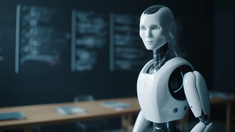 A robot standing in front of a blackboard, as if preparing to teach or present information