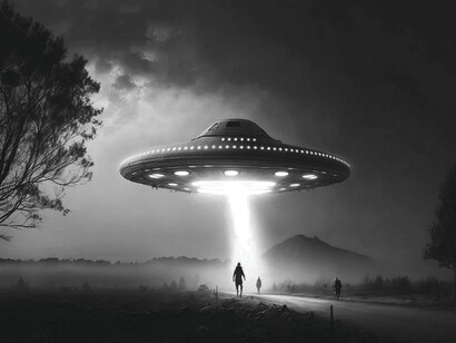 A recreation in a field of people looking up at a UFO