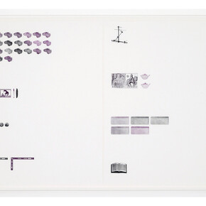 Daniel Lefcourt, Query, 2015, Laser etched rubber stamps on paper, Two parts; 127 x 96.5 cm / 50 x 38 inches (paper size each), 133.4 x 200.7 cm / 52.5 x 79 inches each (framed)
