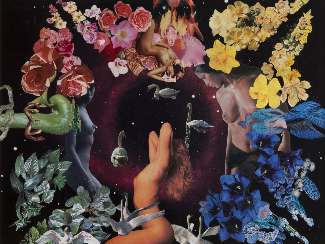 Penny Slinger, Swan Lake, 1976-1977, Collage on board, 20 x 25 1/2 inches (50.8 x 64.8 centimeters)