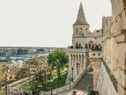Fisherman's Bastion rising above the Danube River, where the terraces frame panoramic views of Budapest’s bridges, Parliament, and the meeting point of Buda and Pest, Budapest, Hungar