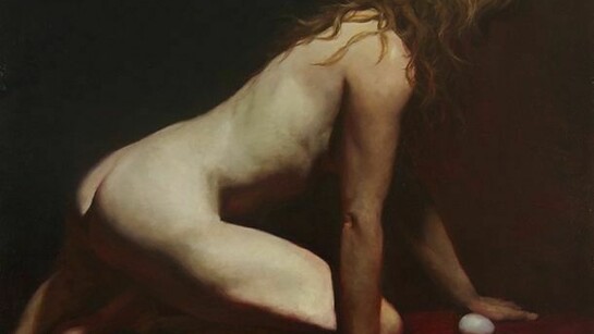 Zack Zdrale, Woman With Egg", oil on panel, 24 x 24 inches, 2013