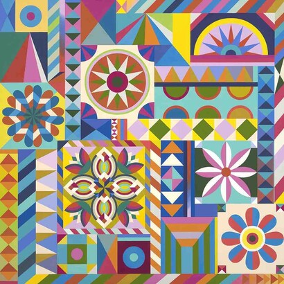 Sarah Helen More, Sunshine Garden, 2023, Gouache on panel, 30h x 30w in. Courtesy of Garvey | Simon