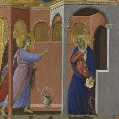 Duccio, Maestà panels. The annunciation, 1308-11. Courtesy of The National Gallery