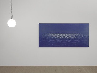 Bridget Smith, Blueprint for a Sea (series), 2015, four cyanotype prints on aluminium, five opaline globe lights, Courtesy Focal Point Gallery, Photo: Manuela Barczewski