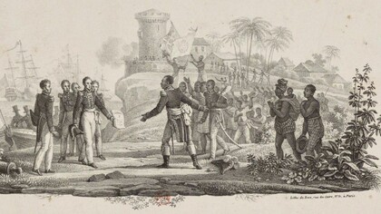 An 1825 engraving by Jean-Charles Develly depicts French envoy Baron de Mackau presenting King Charles X's ordinance to Haitian President Jean-Pierre Boyer, demanding a 150 million gold franc indemnity for formal recognition of independence