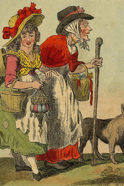 Satirical print; a young lady with baskets on her arm and carrying a type of lantern in her right hand stands next to a haggard old woman leaning on a staff and carrying a basket of ribbons on her arm, beside them on the right is a vicious-looking dog, 1796  by Isaac Cruikshank