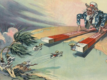 Caricatura política de Udo J. Keppler (1913) que denuncia el intervencionismo y las estrategias neoimperialistas de Estados Unidos en el continente bajo la retórica de la "protección" y las fronteras