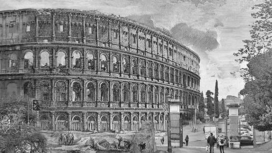 Hiroyuki Masuyama, particolare di "Veduta del Colosseo", 1756, 2012 - 2012 Fotografia su carta Canson Museum Rag 315 gr, cornice in legno 28x58cm Incisione originale di Giovan Battista Piranesi. Courtesy Studio la Città, Verona.