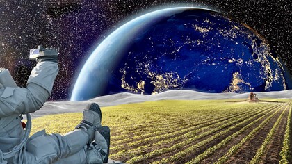 Campo irrigato e rigoglioso su ipotetica fattoria marziana