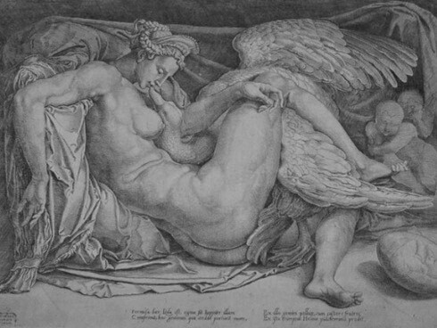 Incisione dalla Leda e il cigno di Michelangelo
