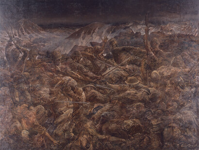Léonard Foujita, “Final Fighting on Attu” (1943, oil on canvas © Fondation Foujita/ADAGP, Paris & JASPAR, Tokyo, 2017 