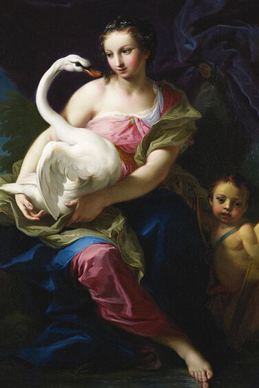 "Leda y el cisne", Gianbettino Cignaroli. En el ataque sexual nocturno de Zeus, cisne y oca serían la misma criatura en dos instancias míticas diferentes: un poético caso de hermafroditismo