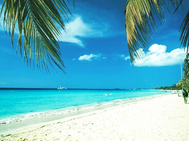 Jamaican beach with palm trees. A tranquil photograph of a white sand beach in Jamaica, captured in daylight beneath a deep blue sky