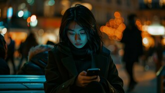 A girl sitting outside at night, her attention captured by her phone, illustrating how algorithms train the brain toward constant novelty