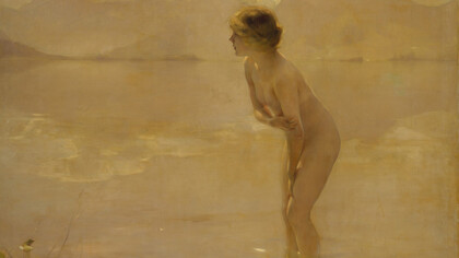 Paul Émile Chabas (1869-1937)  «Mañana de septiembre», hacia 1912, óleo sobre lienzo. Un joven desnudo de aspecto andrógino se yergue en actitud defensiva en el agua, que le llega hasta las rodillas, mientras contempla una vista del lago en tonos sepia. Museo Metropolitano de Arte, Nueva York, EE. UU.