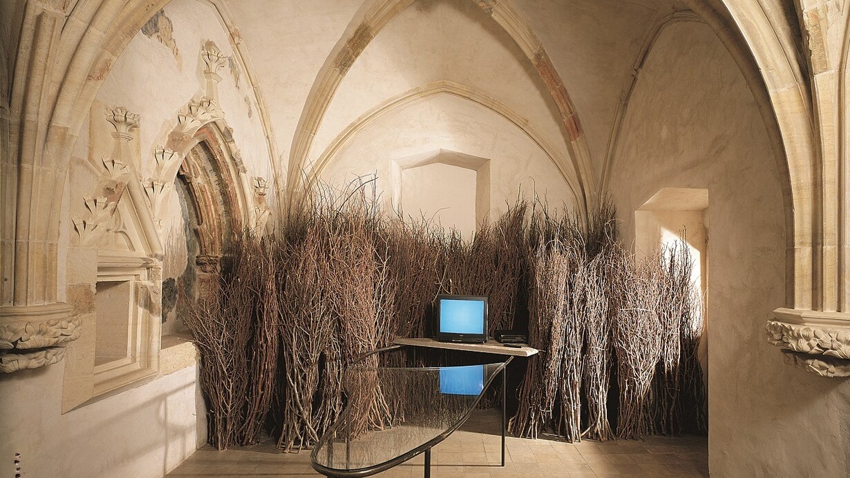 Mario Merz, Foresta con video sul sentiero, 1995, metal structure, glass, branches, monitor, video Lumaca, 1970 by Gerry Schum, Private collection, Photo Hana Hamplova, Courtesy GHMP Dum U Zvonu, Praha
