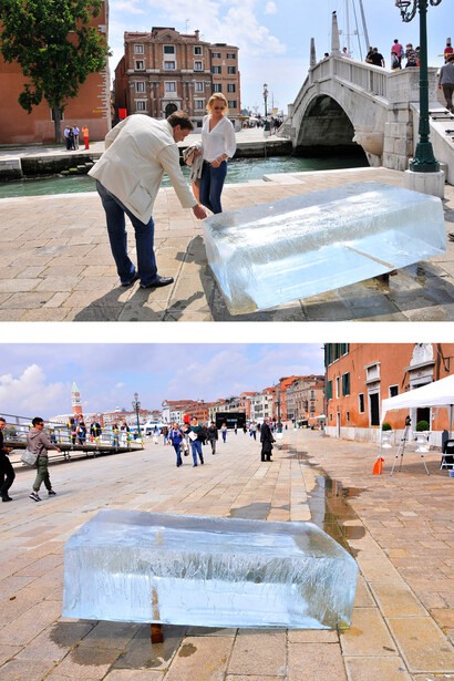 Stefano Cagol , The Ice Monolith , 2013. Installation, ice block , 200 x 120 x 50 cm , natural dissolution process of 72 hours, 72 hours video recording. Riva Cà of God , 55. Venice Biennale . Pavilion Maldives. Courtesy the artist
