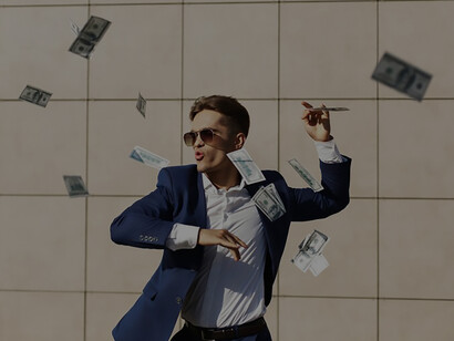 Witness the spirited scene as a young businessman dances on the street, tossing dollars in the air with contagious enthusiasm