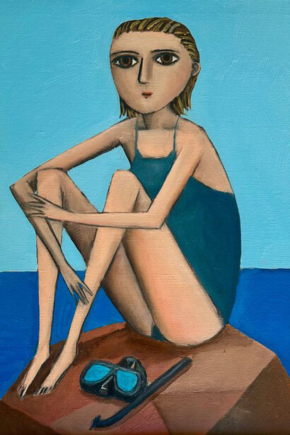 Giacomo Piussi, Girl on rock (sitting with googles), 2025. Courtesy of the Robin Rice Gallery