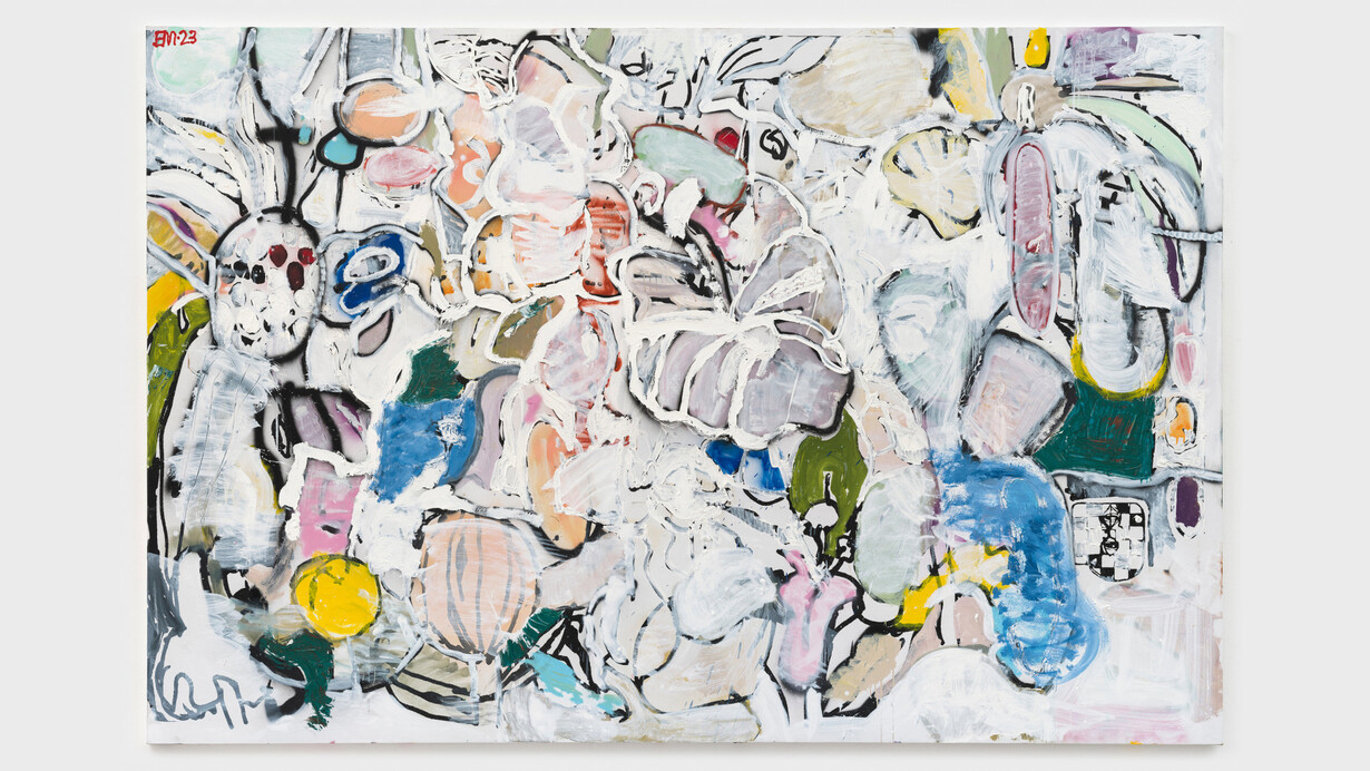 Eddie Martinez, Recent Growth, 2023, Oil,
acrylic, spray paint and silkscreen ink on linen, 72 by 108 in. 182.9 by 274.3 cm. © Eddie
Martinez. Courtesy of the artist and Mitchell-Innes & Nash, New York.