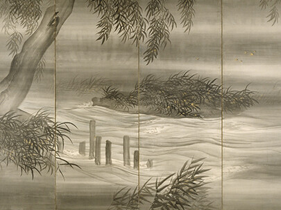 One of a pair of six-fold screens: ink with slight color and gold paint on paper, 68 x 148 1/2 inches. Purchase: William Rockhill Nelson Trust, 74-12/2.