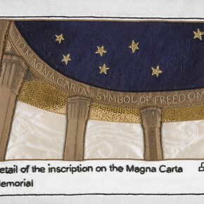Inscription on the Magna Carta Memorial stitched by Pippa Foulds, Embroiderers’ Guild (Yorkshire and The Humber Region). Part of Cornelia Parker’s Magna Carta (An Embroidery) at the British Library