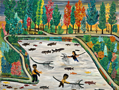 Bruno Rovesti, I pescatori del Po, 1963, olio su faesite, cm 60 x 65. Courtesy of Museo Antonio Ligabue