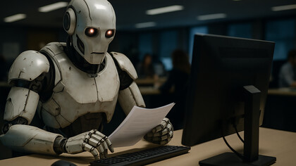A humanoid robot quietly types at a desk, symbolizing the silent rise of artificial intelligence in creative industries—where efficiency often replaces emotion
