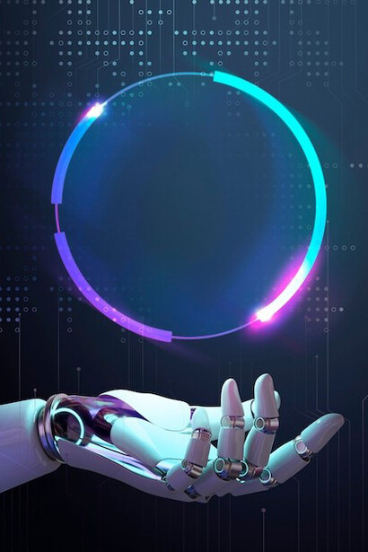 A 3D robot hand set against a background symbolizing AI technology and machine learning