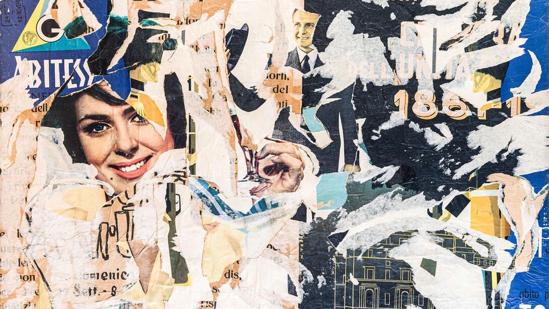 Mimmo Rotella, Commercio e unità, 1962, particolare