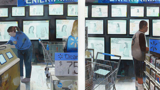 Entertainment Center, Flashe and acrylic on canvas, diptych, 78 x 62” each; 78 x 124” overall, detail 
2020
