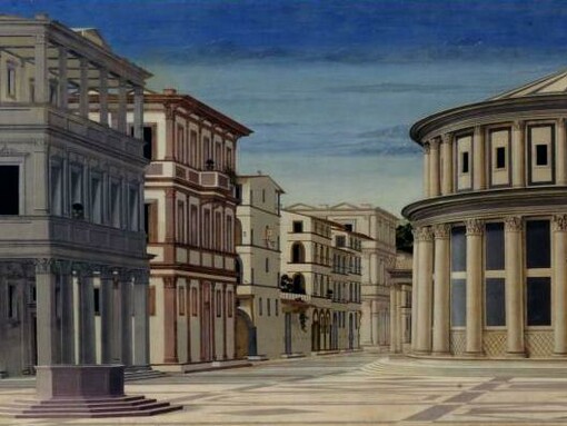 Lo spazio pubblico racconta ciò che una società sceglie di mostrare. Incerta attribuzione, La città ideale - Urbino, 1480 circa. Particolare del lato sinistro del dipinto. Galleria Nazionale delle Marche, Urbino, Italia