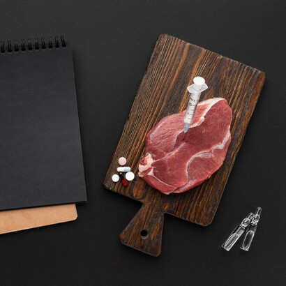 Lab-grown meat displayed on a black surface alongside traditional meat cuts