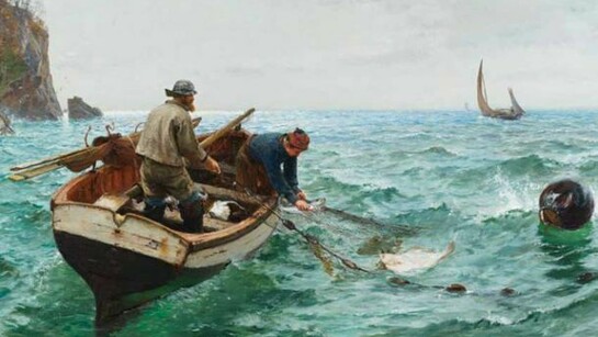 Charles Napier Hemy RA RWS, 1841–1917, Hauling the Trammel Net, 1892, oil on canvas, 82.5 x 123 cms 321⁄2 x 483⁄8 ins