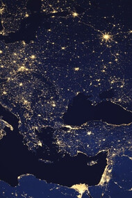 A global view of Earth at night compiled from over 400 satellite images © NASA/NOAA, detail