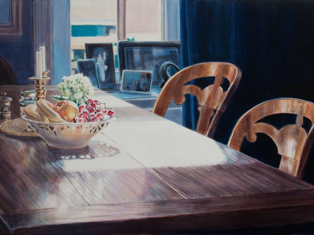 Asta Caplan, On Subjective Time Travel V, Oil on Canvas, 28” x 47”, Courtesy of Agora Gallery