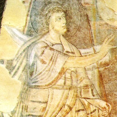Chiesa di Santa Sofia, affresco dell'Annunciazione a San Zaccaria, particolare. Benevento, Italia