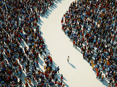 A lone figure stands out from the crowd, embracing risk and forging a path of their own