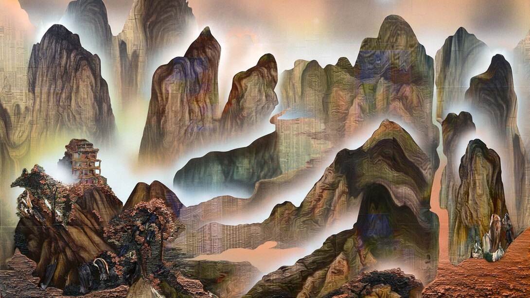 Gordon Cheung, TBT (Chinese landscape), 2015, Signed, titled, dated verso, Financial newspaper, acrylic, pumice and sand on canvas and sail cloth, 150 x 200 cm, courtesy Edel Assanti, copyright Gordon Cheung