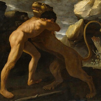 Francisco de Zurbarán, Ercole che lotta contro il leone di Nemea, olio su tela, 1634, Museo del Prado, Madrid, Spagna