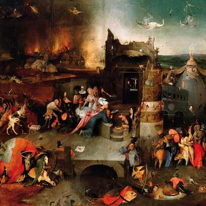 El Bosco; Tríptico de las tentaciones de san Antonio, Museo Nacional de Arte Antiguo, Lisboa, Portugal (detalle del panel central)