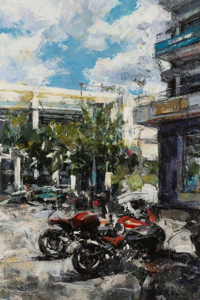 Panagiotis Beldekos, Landscapes of Athens, painting in exhibition. Courtesy of Skoufa Gallery