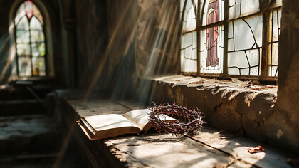A crown of thorns and empty church pews illuminated by light streaming through a window