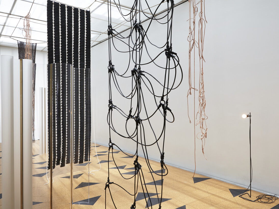 Installation view of Leonor Antunes: I Stand Like A Mirror Before You