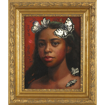 Laws of Attraction XVIII, 2014, Antique wood pediment with metal scarabs, Acrylic and oil on canvas, and antique black Ostrich feather fringe with metal scarab, 67 x 30.2 inches; 170.18 x 76.71 cm, Signed LR