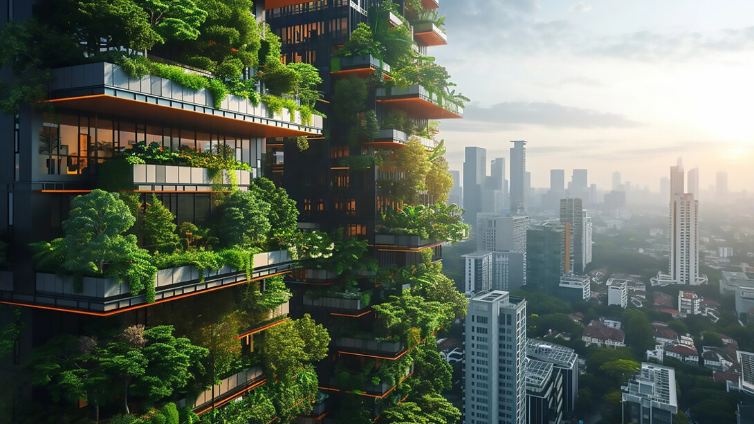 Futuristic green architecture seamlessly merges with nature in the heart of a bustling city, illuminated by the soft glow of sunrise