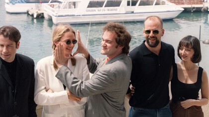 John Travolta, Uma Thurman, Quentin Tarantino, Bruce Willis, Maria De Medeiros. Pulp Fiction premiere al Festival di Cannes (45 edizione).