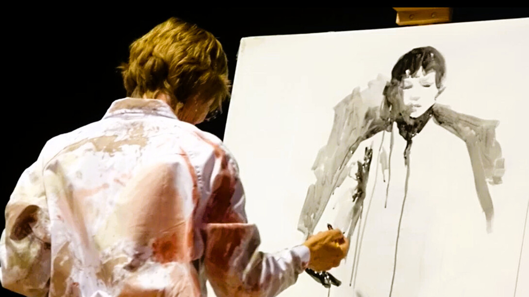 Iwona Flaszczyñska pintando a Sadako Sasaki, que desarrolló leucemia como resultado de la bomba atómica estadounidense lanzada en Hiroshima cuando ella tenía 2 años, ilustración para el poemario de Felipe Sérvulo, "Cúmulos de plutonio"