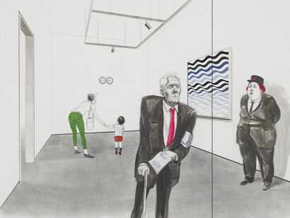 Charles Avery, Untitled (It Means It Means; Gonzalez-Torres, Ray, Riley, Watteau), 2013 (detail) Bleistift, Tinte, Acryl und Gouache auf Papier, auf Leinen aufgezogen, Diptychon: je 60 x 84 cm, Courtesy of artist and Pilar